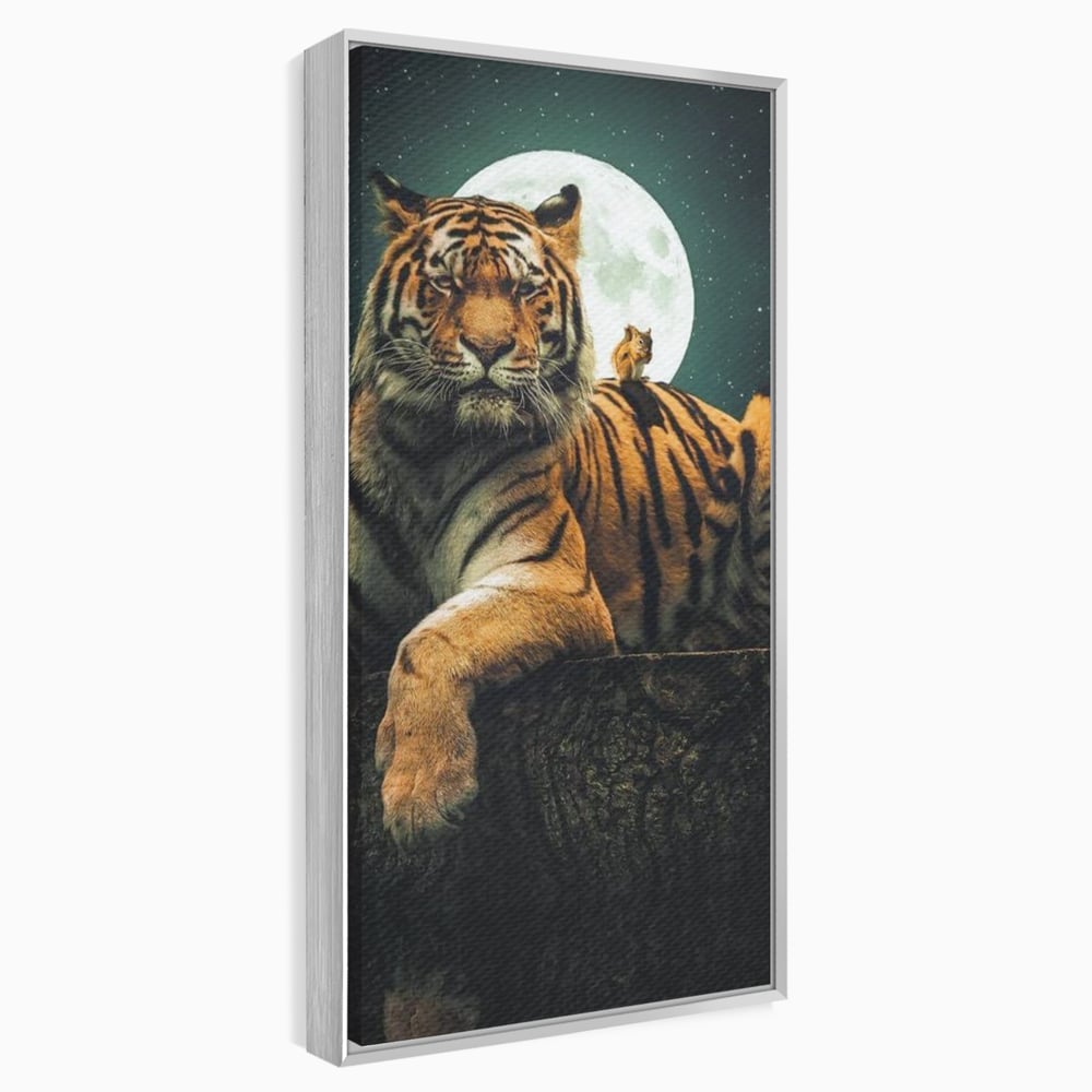 Tablou canvas cu tablou canvas cu tigru si veverita, in rama de aluminiu argintiu